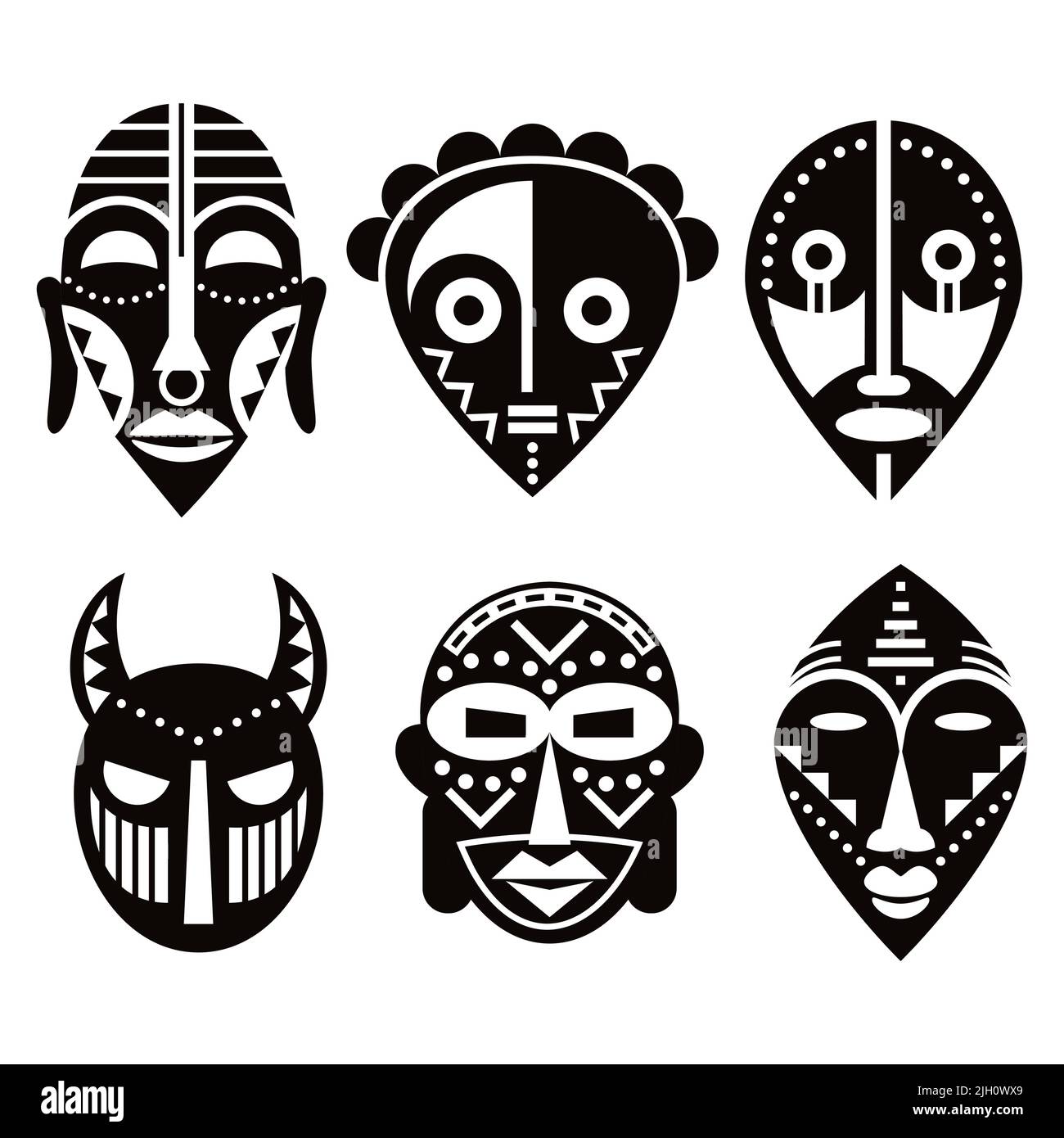 Masques rituels africains vector design set, décorations traditionnelles d'art folklorique en noir et blanc Illustration de Vecteur