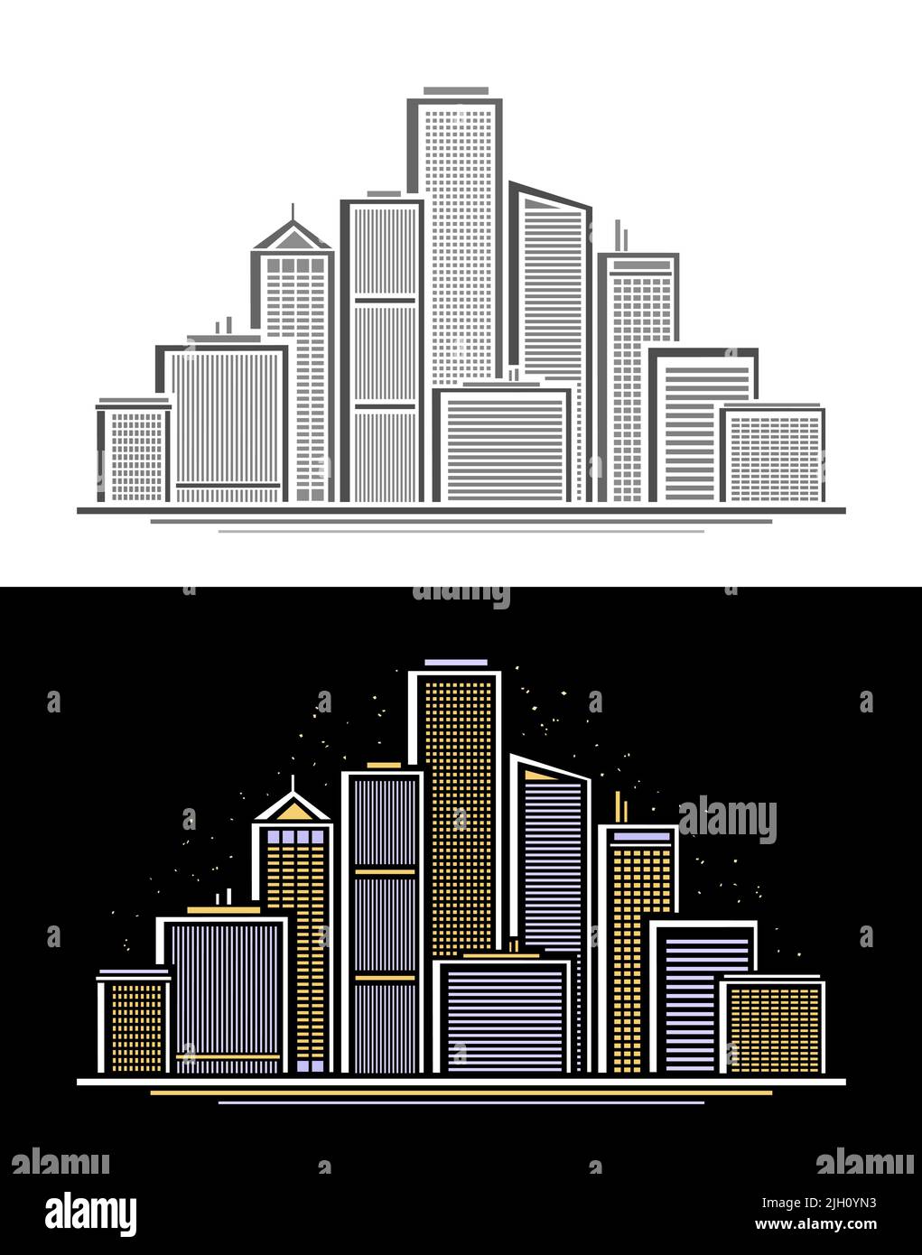 Vector Urban Skyline, logo triangle monochrome avec design linéaire simple ville paysage sur fond blanc et affiche décorative avec soirée urb Illustration de Vecteur