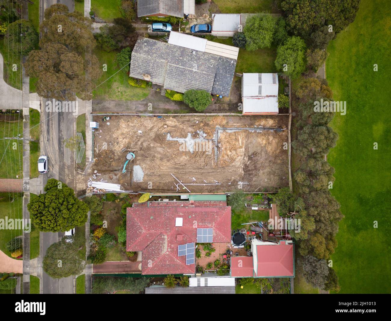 Photo aérienne d'un terrain résidentiel vacant en cours de développement dans une banlieue en Australie Banque D'Images