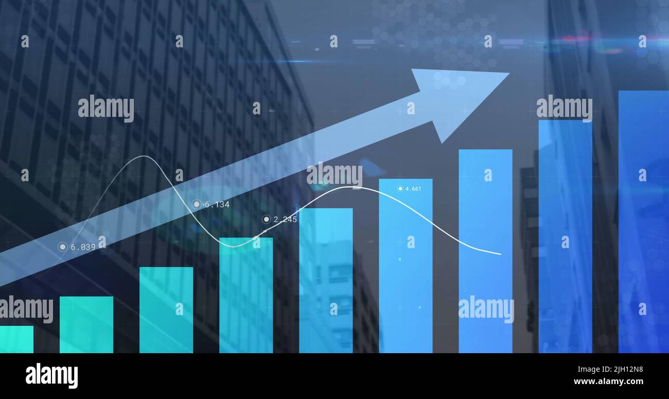 Illustration d'une flèche bleue avec traitement des statistiques sur le paysage urbain Banque D'Images