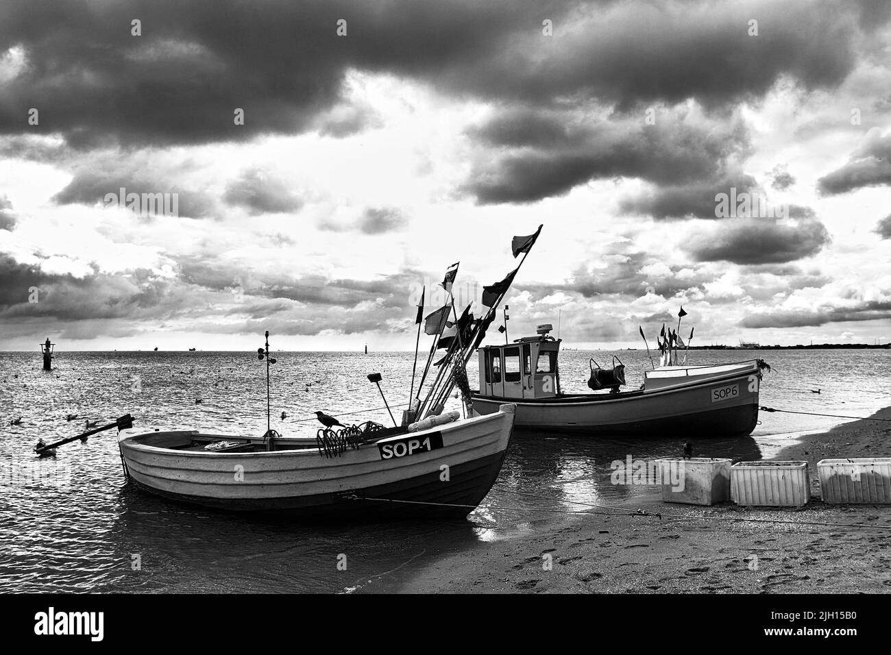 Bateau de pêche sur la plage, Sopot, Pologne, Golfe de Gdansk, Mer Baltique, Europe. Banque D'Images