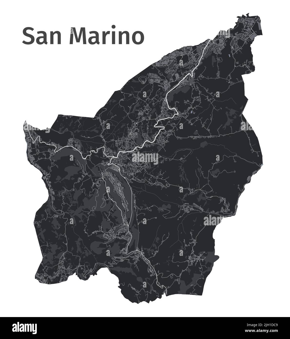 Carte vectorielle de Saint-Marin. Carte vectorielle détaillée de la zone administrative de Saint-Marin. Countryscape affiche vue de l'aria métropolitain. Terre noire avec merlan Illustration de Vecteur