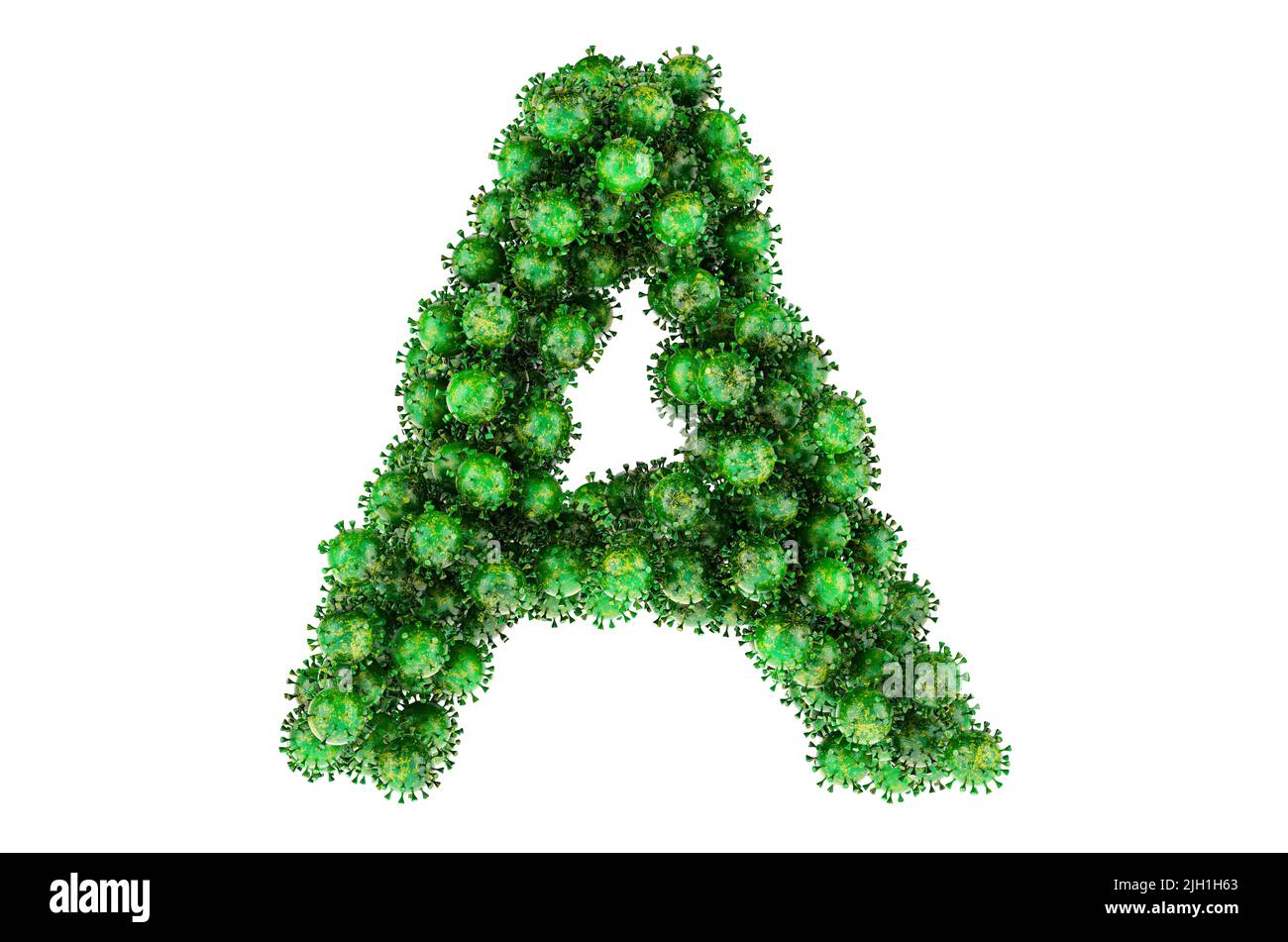 Lettre A des virus verts. 3D rendu isolé sur fond blanc Banque D'Images