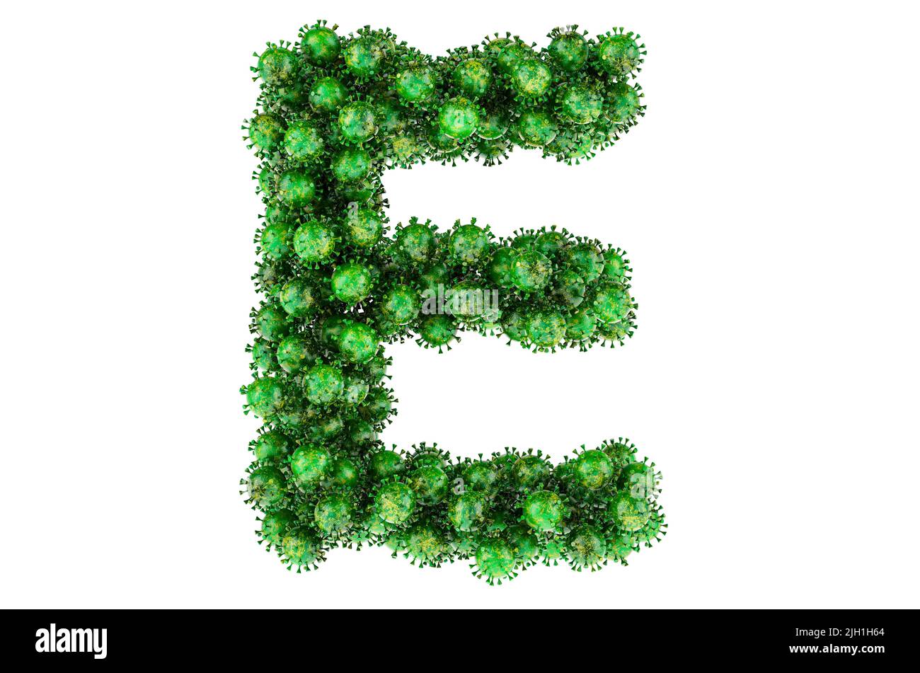 Lettre E des virus verts. 3D rendu isolé sur fond blanc Banque D'Images