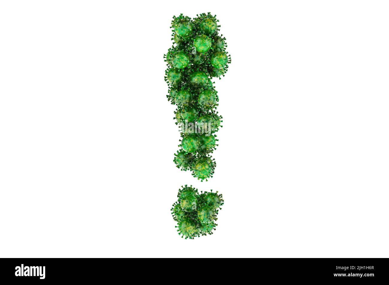 Point d'exclamation des virus verts. 3D rendu isolé sur fond blanc Banque D'Images