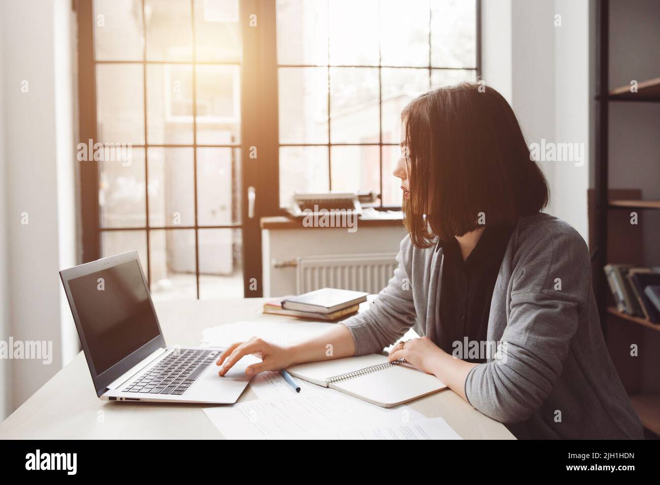 Belle femme surfant sur le net au bureau sur ordinateur portable. Travail sans intérêt, temps libre, pause Banque D'Images