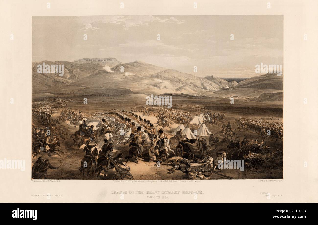 Charge de la brigade lourde 25th octobre 1854 Lithographie datée de 18 janvier 1855 montrant les Dragoons Enniskillen et les 5th gardes dragons attaquant la cavalerie russe pendant la bataille de Balaklava Banque D'Images