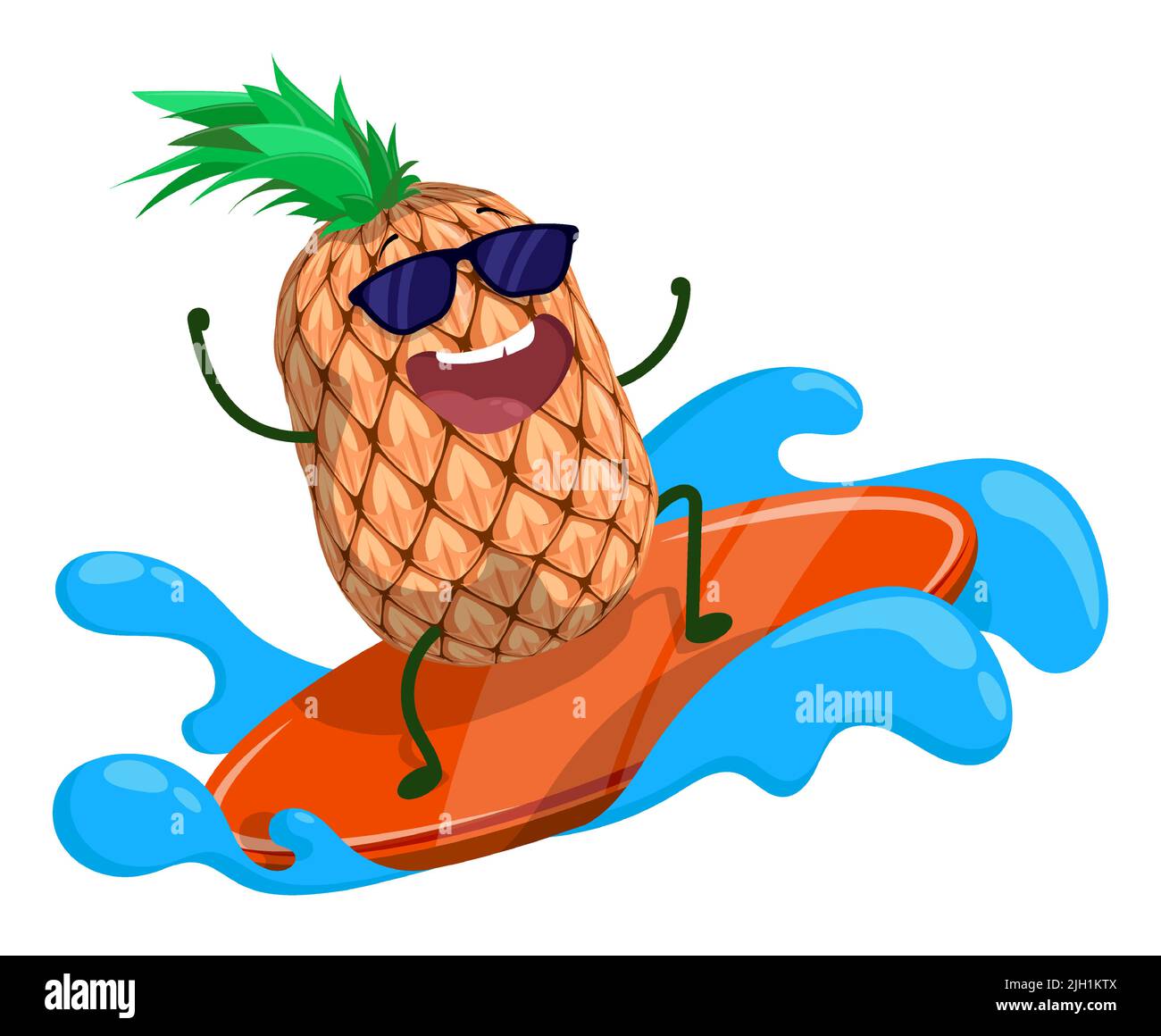 L'ananas gai surfe sur la vague avec la planche de surf. Des aliments délicieux et sains, des légumes et des fruits. Un mode de vie sain. Vecteur de dessin animé isolé sur W Illustration de Vecteur