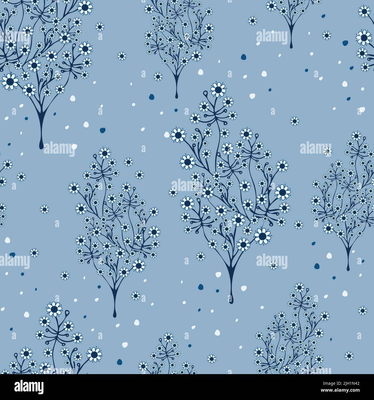 Motif vectoriel sans couture avec arbres bleus fleuris. Magnifique arrière-plan de la forêt. Papier peint hiver. Illustration de Vecteur