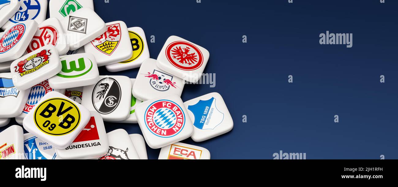 Guilherand-Granges, France - 14 juillet 2022. Bundesliga d'Allemagne. Cubes avec logo de différents clubs allemands. 3D rendu. Banque D'Images