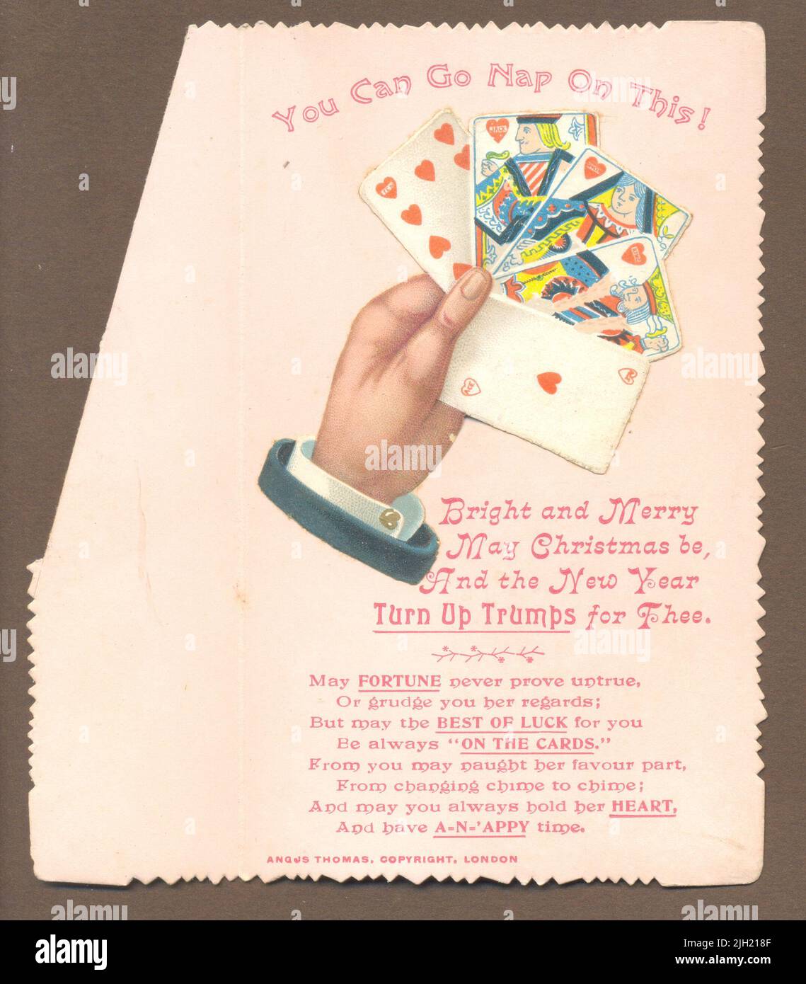 Carte de vœux Chromolithographiée à punning avec des morceaux de coupe coudés et coudés publiés par Angus Thomas Banque D'Images
