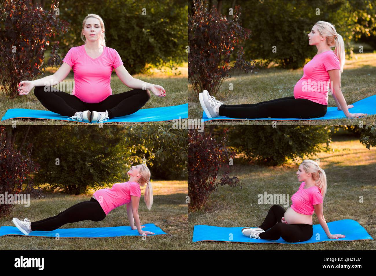 Ensemble d'exercices de yoga enceinte dans la nature Banque D'Images