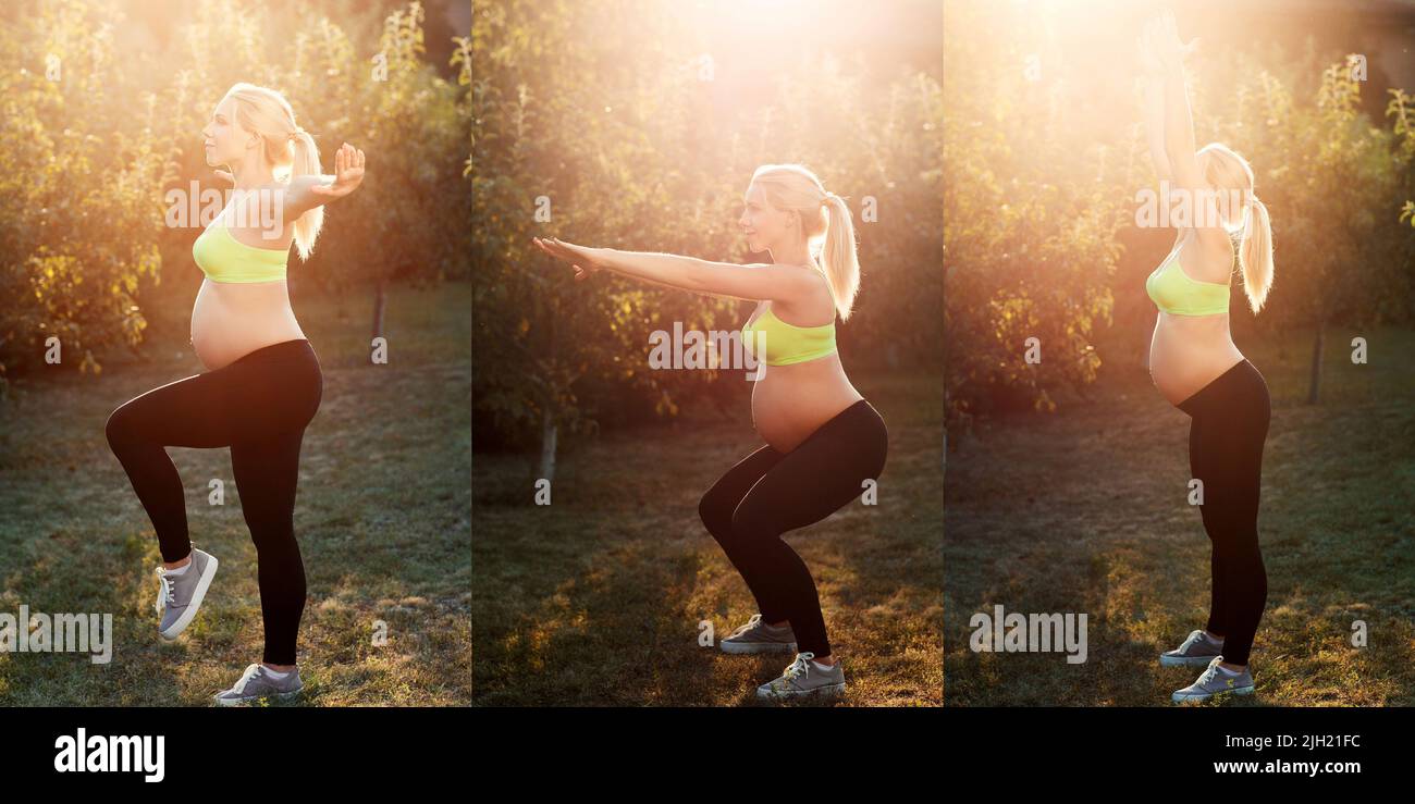 La femme enceinte montre un ensemble d'exercices relaxants Banque D'Images