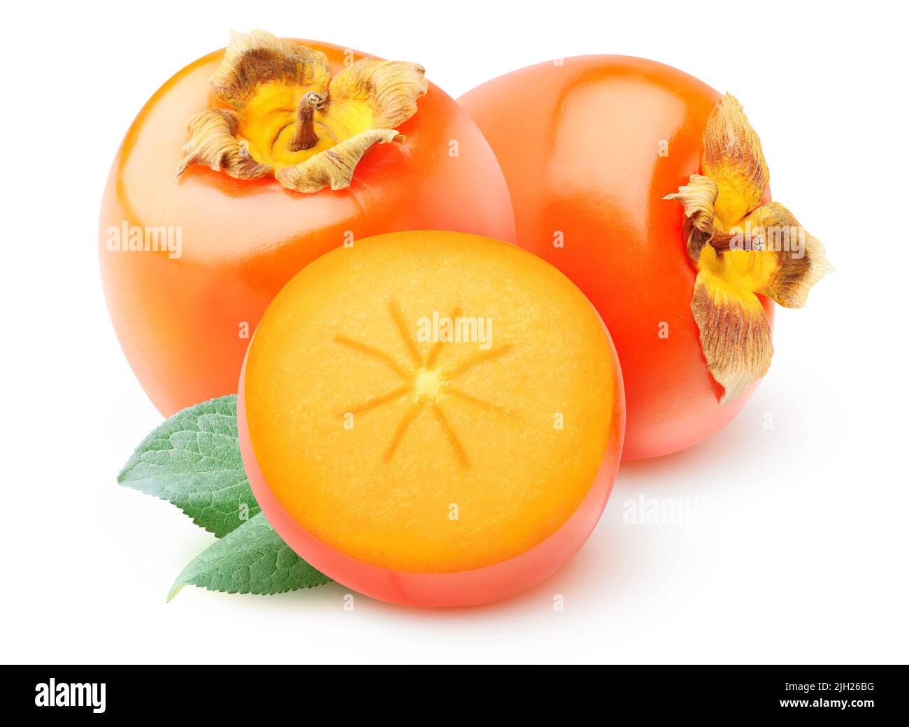 Fruits persimmon coupés en deux isolés sur fond blanc Banque D'Images
