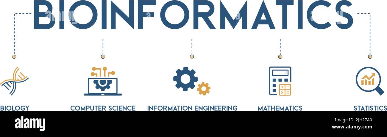 Ensemble d'icônes modernes de l'illustration du vecteur de concept bioinformatique avec des mots-clés anglais et icône de la biologie, de l'informatique, de l'ingénierie de l'information Illustration de Vecteur