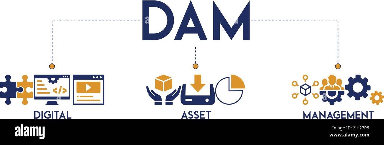 ILLUSTRATION vectorielle du concept DE L'organisation DE GESTION des actifs numériques DE DAM avec l'icône de la gestion des actifs numériques Illustration de Vecteur