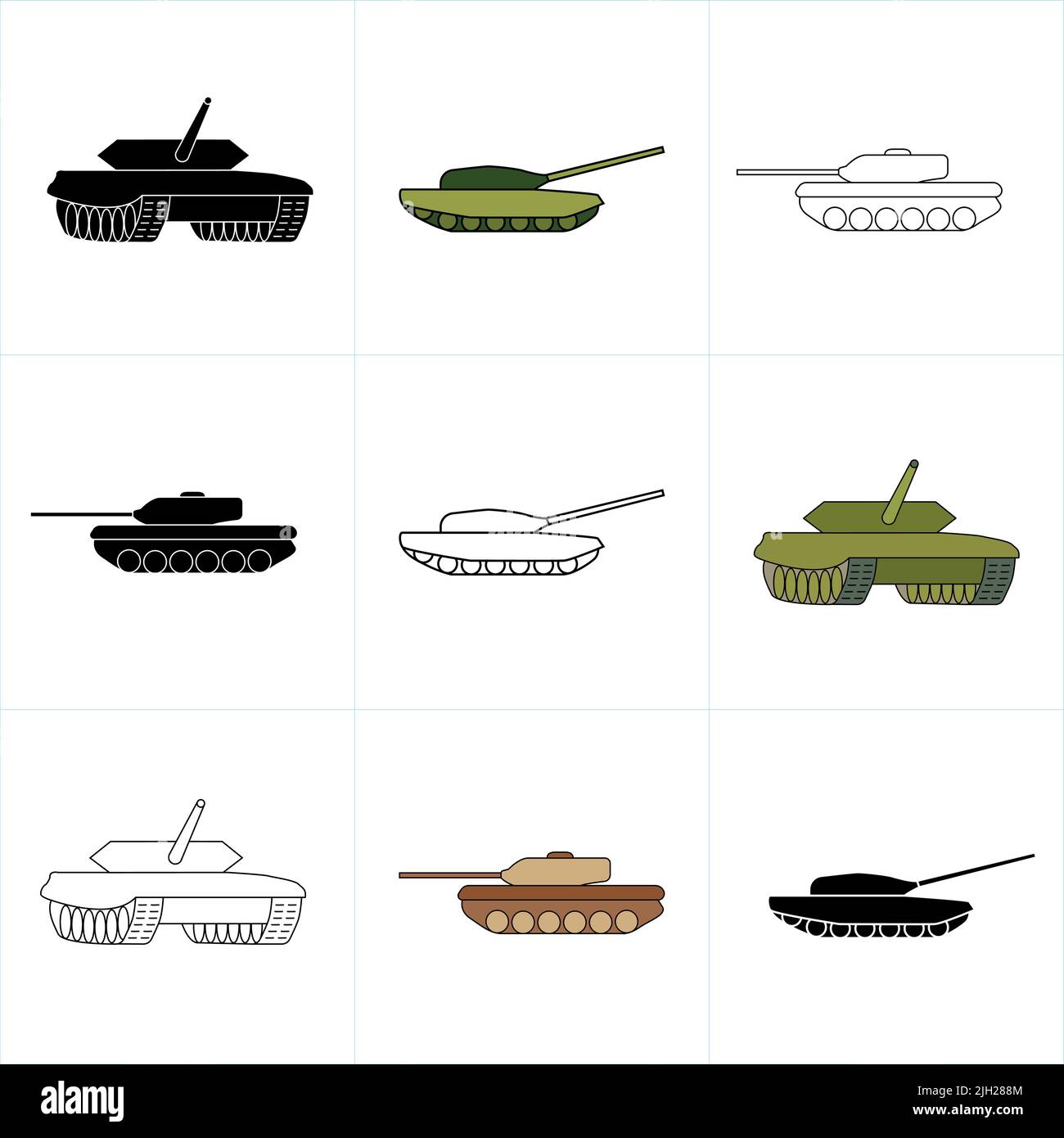 Vecteur de symbole de réservoir. Ensemble de lignes militaires de réservoir, jeu d'icônes plates et de couleur. Sur fond blanc. Modifiable. Ensemble d'icônes de réservoir. Collection d'icônes militaires de réservoir Illustration de Vecteur
