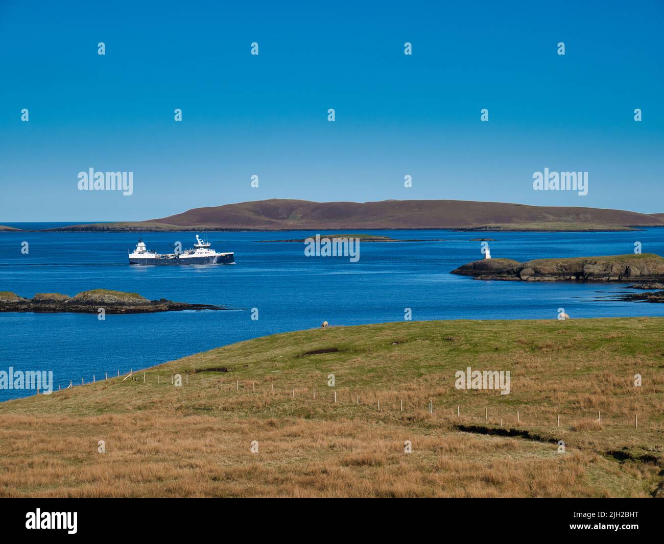 Un bateau bleu et blanc sans nom navigue sur une eau calme en direction de Lerwick à Shetland, en Écosse, au Royaume-Uni. Pris sur une journée calme et ensoleillée avec le ciel bleu et pas de nuages. Banque D'Images