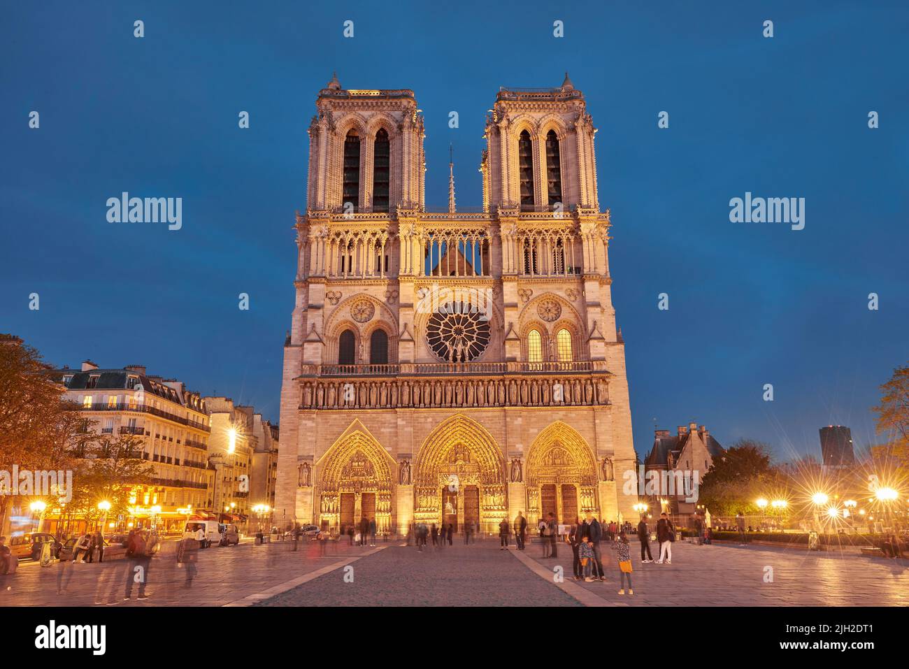 Vue sur la façade de notre-Dame de Paris la nuit Banque D'Images