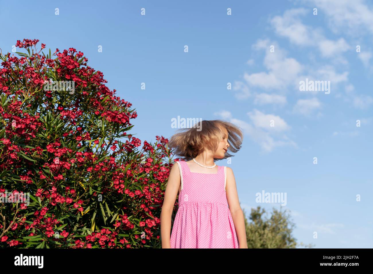 Portrait d'une fille près d'un buisson à fleurs d'oléandres. Banque D'Images