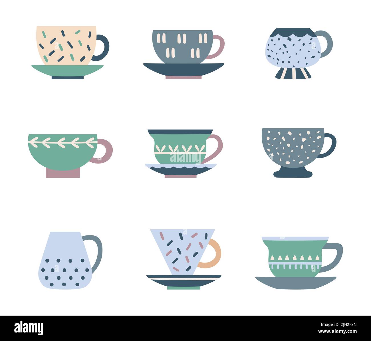 Théière en céramique avec joli motif décoratif. Service de thé en porcelaine, tasses et soucoupe pour boire Illustration de Vecteur