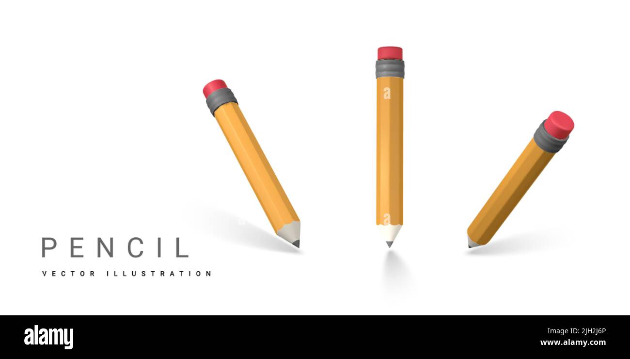 Mignon dessin animé jaune 3D crayon. Crayon en bois pour écrire et dessiner. Illustration vectorielle. Illustration de Vecteur