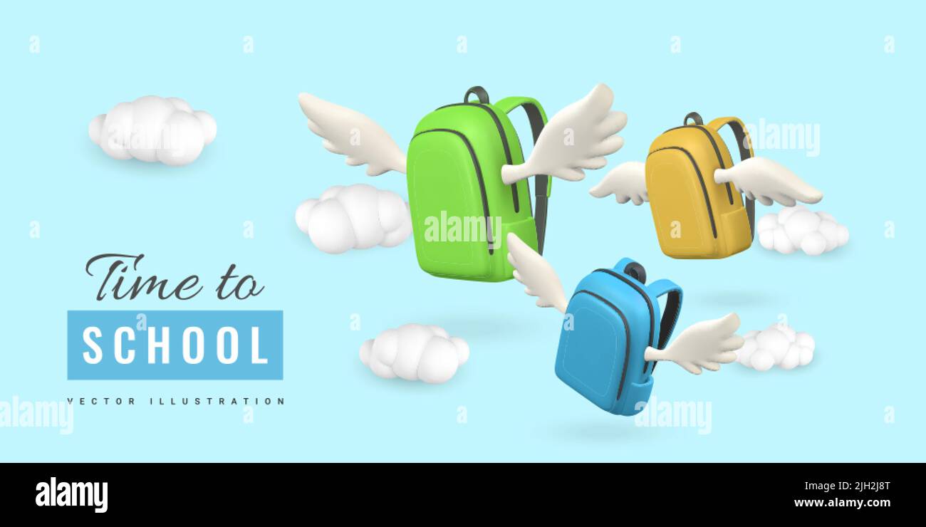 Design de la bannière promotionnelle du temps pour l'école. 3d sac scolaire réaliste avec ailes volent dans les nuages. Illustration vectorielle. Illustration de Vecteur