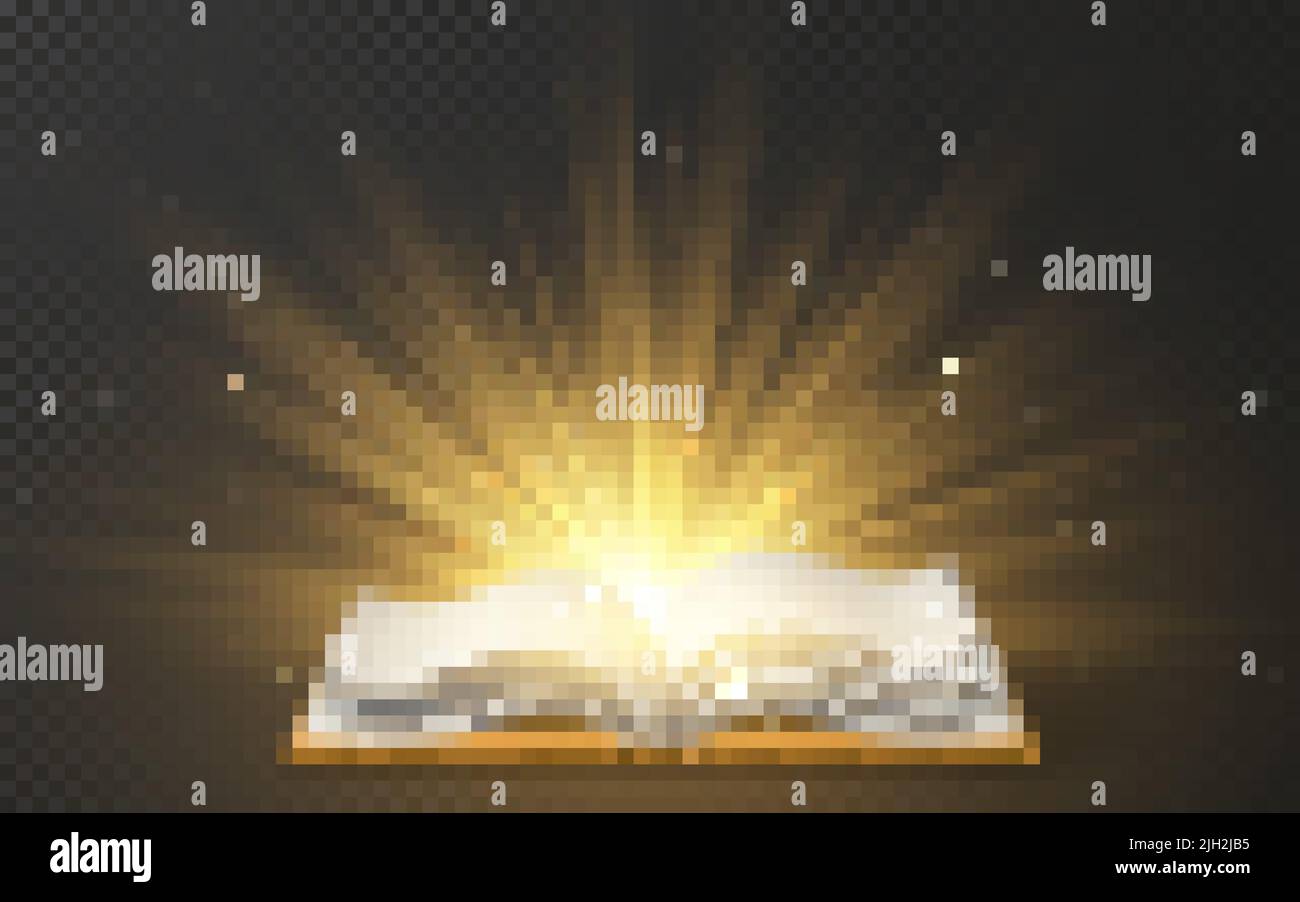 Livre magique ouvert avec des paillettes et des paillettes légères. Livre de contes de fées avec des pages ouvertes. Illustration vectorielle. Illustration de Vecteur