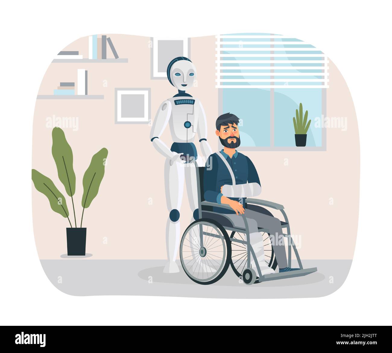 Le robot interagit avec une personne handicapée. Caricature de cyborg poussant l'homme avec des blessures aux bras et aux jambes sur un fauteuil roulant Illustration de Vecteur