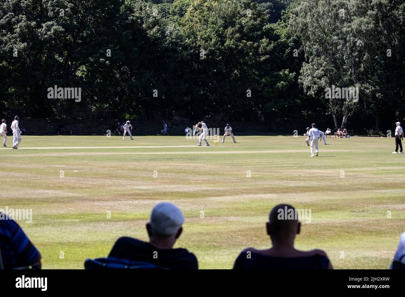 Le match de cricket du village est suivi par des spectateurs intéressés sur un magnifique terrain bordé d'arbres au milieu de l'été dans le West Yorkshire Banque D'Images