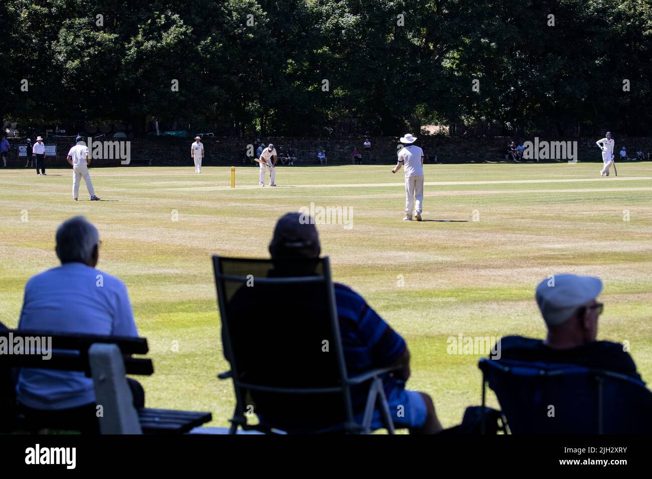 Le match de cricket du village est suivi par des spectateurs intéressés sur un magnifique terrain bordé d'arbres au milieu de l'été dans le West Yorkshire Banque D'Images