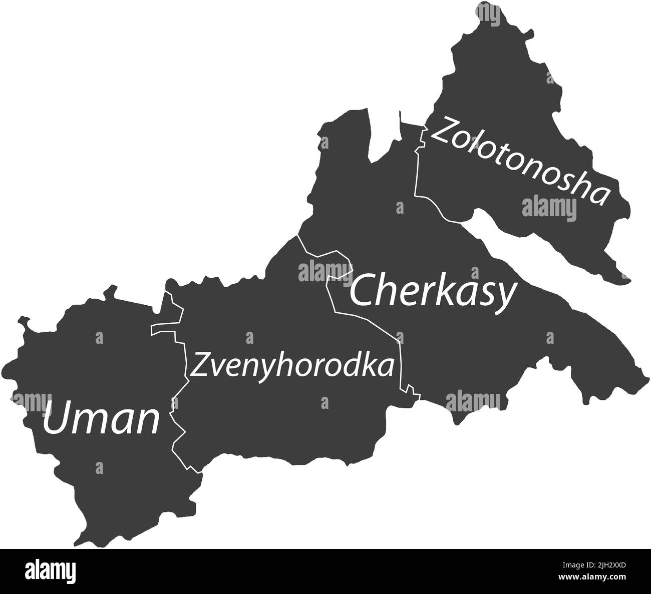 Carte des raons marqués en gris foncé de l'OBLAST DE CHERKASY, UKRAINE Illustration de Vecteur