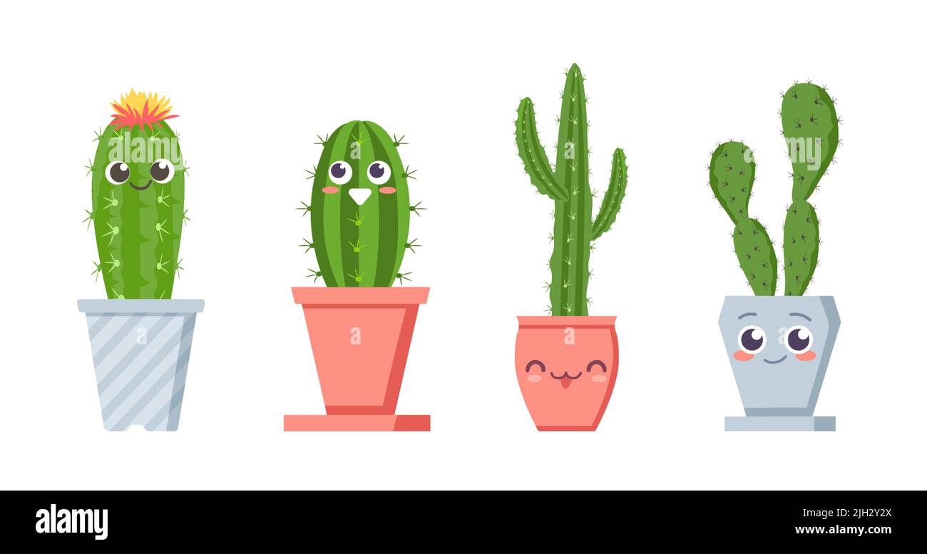 Cactus mignon avec visages. Le pot succulent plante des personnages avec des émotions positives. Cactus tropicaux souriants aux épines Illustration de Vecteur Cactus mignon avec visages. Le pot succulent plante des personnages avec des émotions positives. Cactus tropicaux souriants aux épines Illustration de Vecteur
