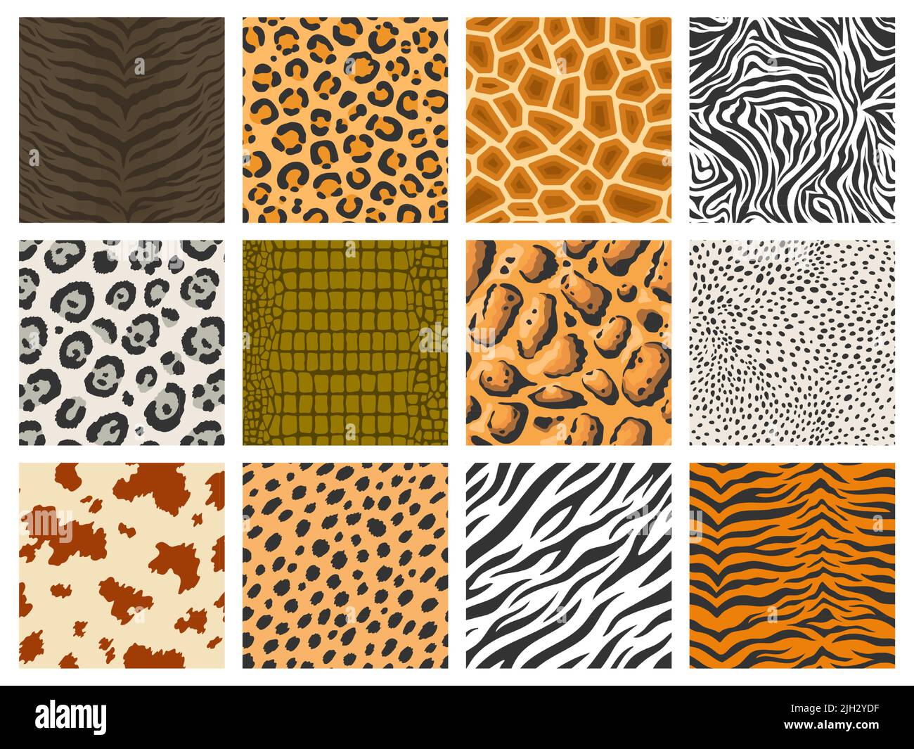Motif animal. Collection de textures de peau de zébrée léopard de tigre, imprimé camouflage de reptiles et de mammifères, motif de fourrure d'animaux. Fond de safari vectoriel Illustration de Vecteur