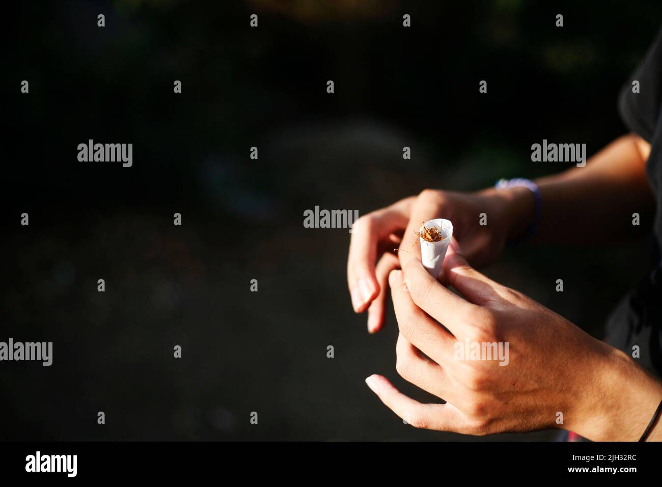 Les mains des hommes qui roulent une cigarette de tabac Banque D'Images
