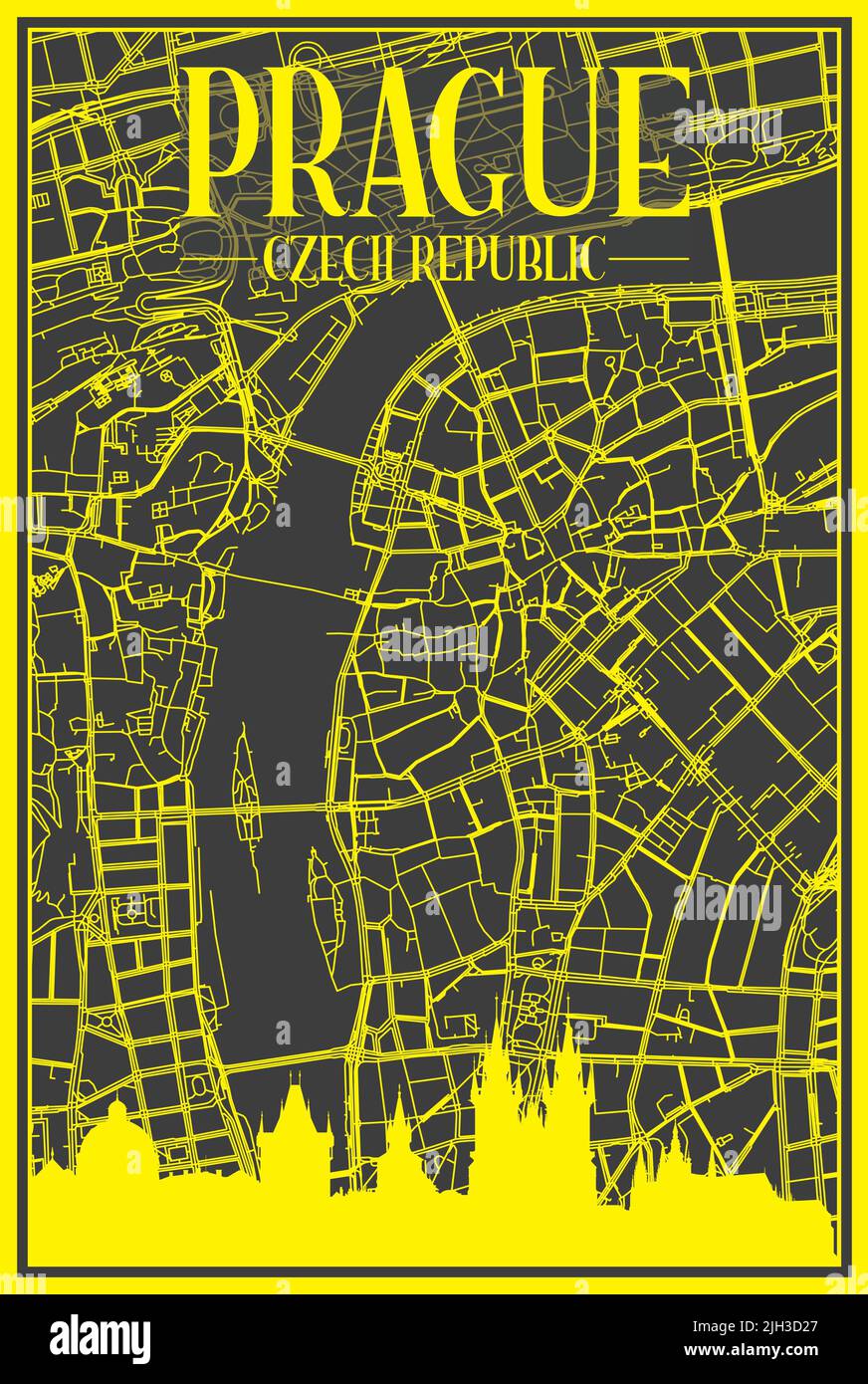 Affiche de ville imprimée en jaune avec vue panoramique et rues dessinées à la main sur fond gris foncé du centre DE PRAGUE, EN TCHÉQUIE Illustration de Vecteur