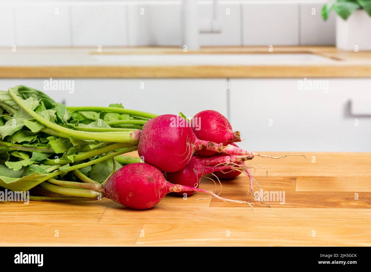 Radis frais du jardin dans la cuisine. Produits biologiques, alimentation saine et concept de produits. Banque D'Images