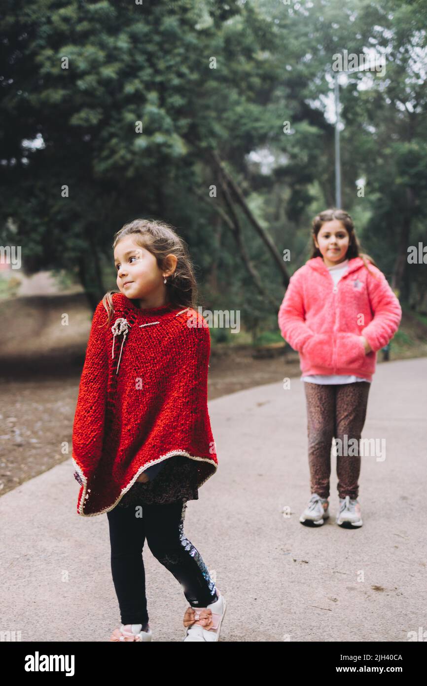 Deux filles vêtues de vêtements d'hiver, marchant sur une route de parc. Espace de copie vertical Banque D'Images