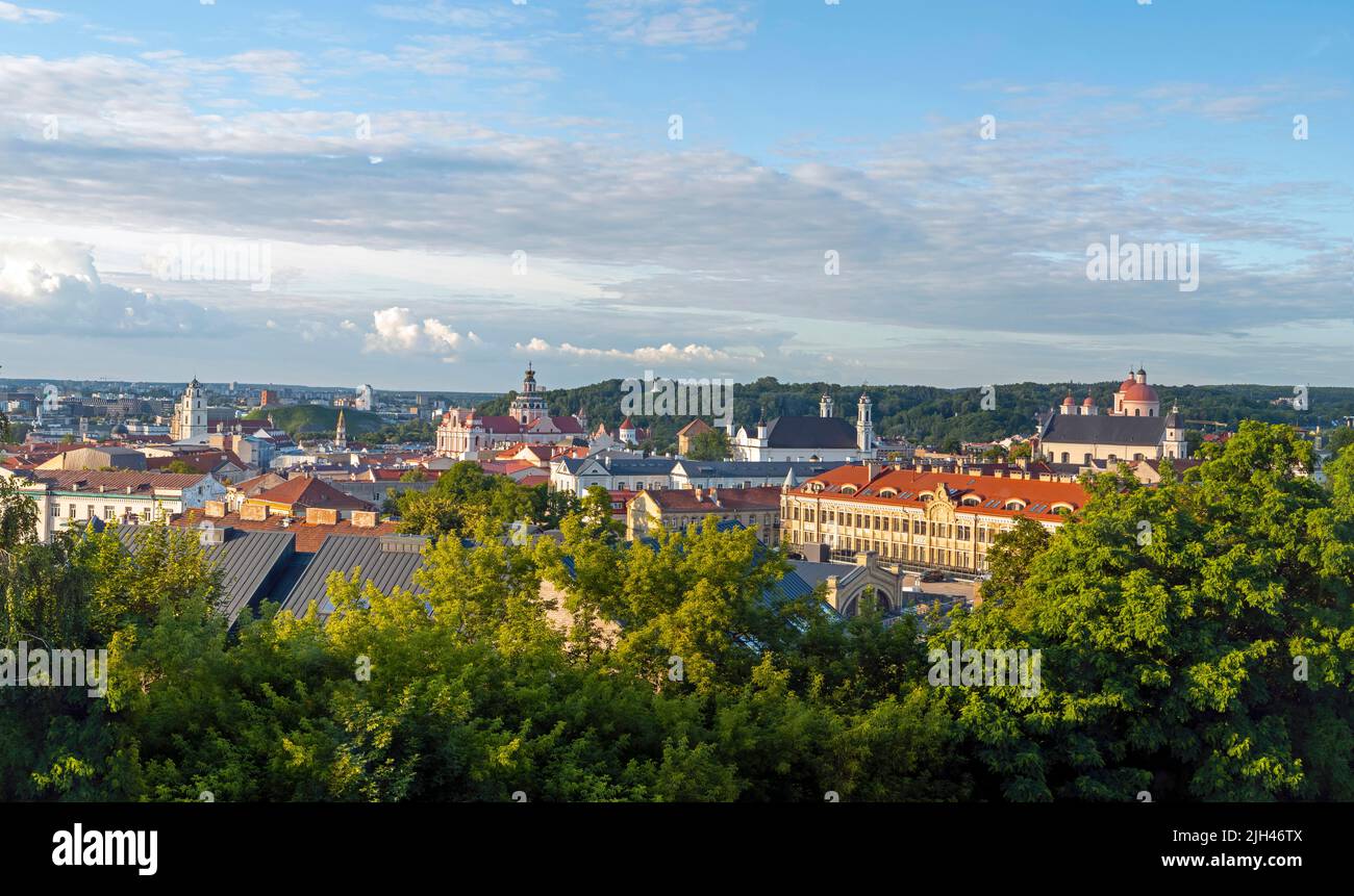 Vilnius, vue panoramique de la vieille ville avec horizon, églises, tour de Gediminas en été Banque D'Images
