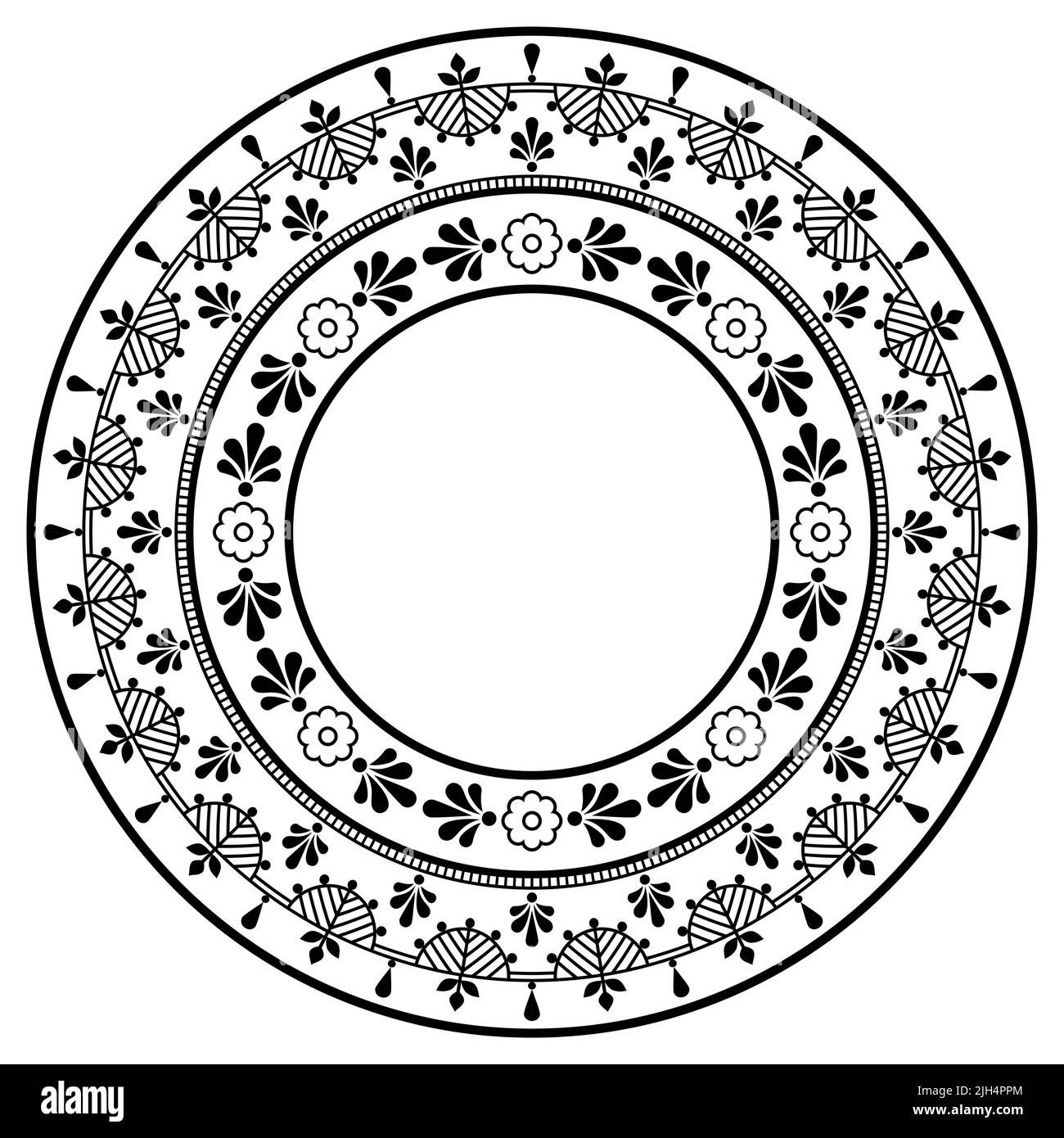 Motif scandinave en forme de mandala avec fleurs, carte de vœux ou invitation de mariage motif floral rond inspiré de l'art populaire nordique en noir A. Illustration de Vecteur