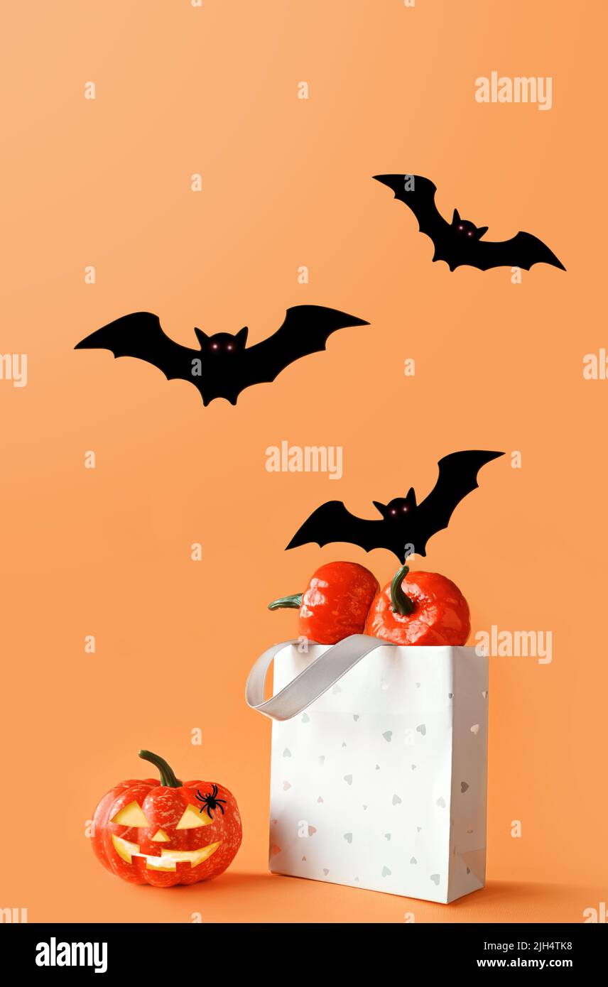 Citrouilles d'Halloween, chauves-souris et sac à provisions. Joyeux halloween concept. Banque D'Images