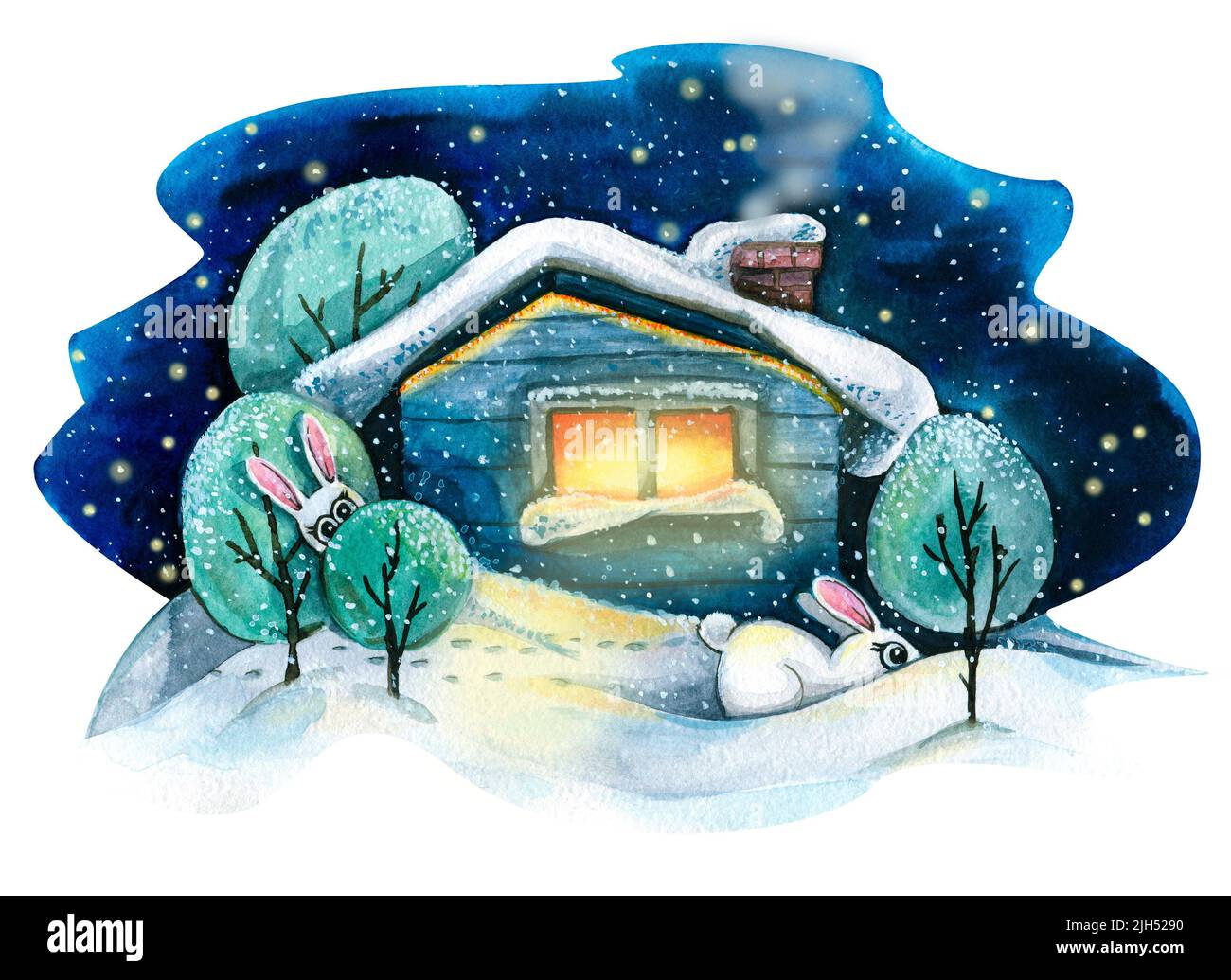 Une maison rustique dans la neige avec des arbres et des lapins mignons. Paysage d'hiver. Illustration aquarelle. Pour la conception et la décoration de cartes postales, affiches Banque D'Images