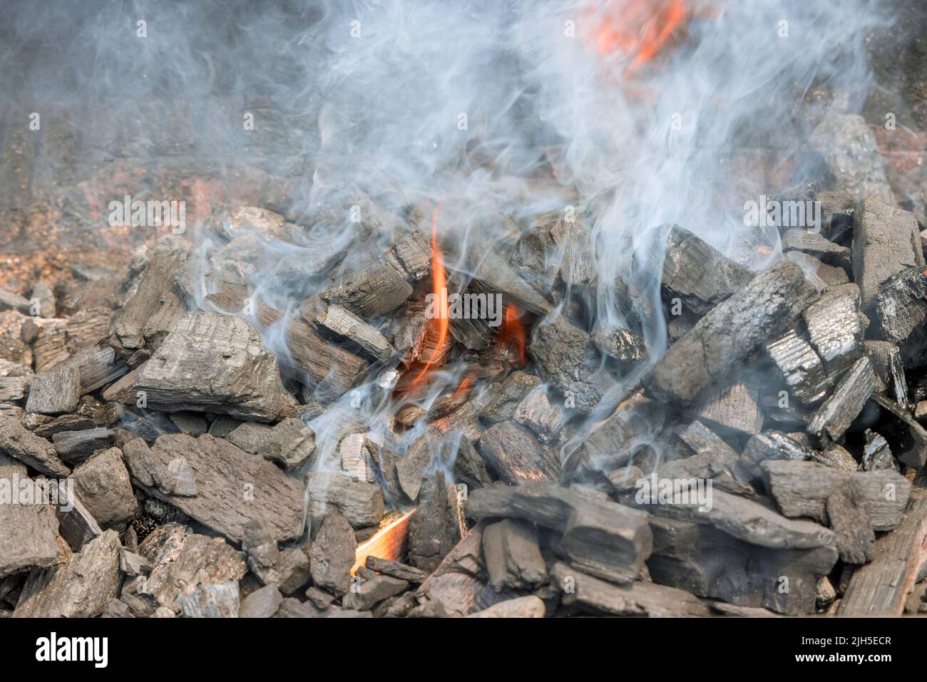 Utilisation de charbon chaud flamboyant pour faire cuire le barbecue sur un barbecue Banque D'Images