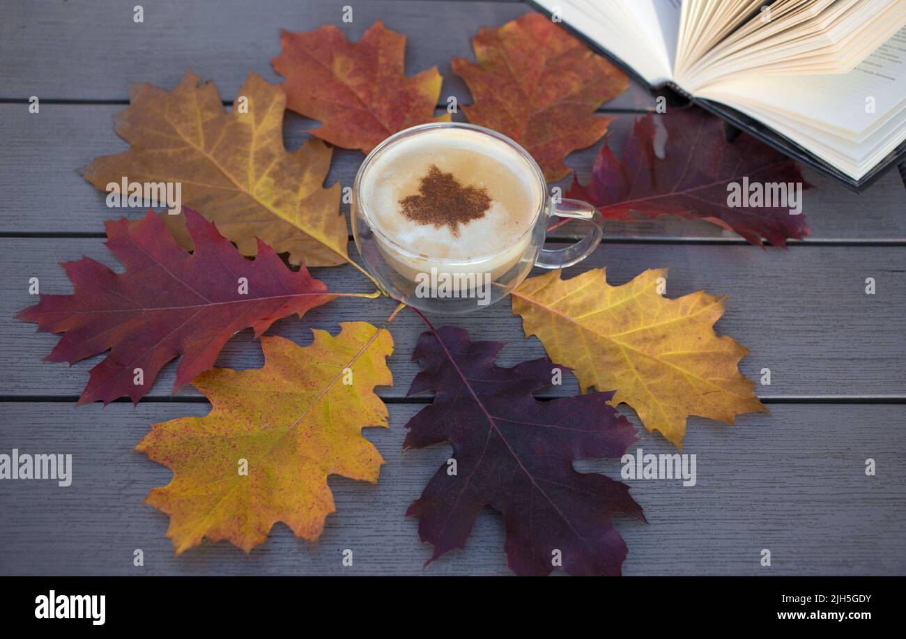 Bonjour, automne. Vous adorerez l'automne, le café et les livres. Une tasse de cappuccino au milieu d'une collection de feuilles de chêne déchue colorées. Atmosphère d'automne. Retour à Banque D'Images