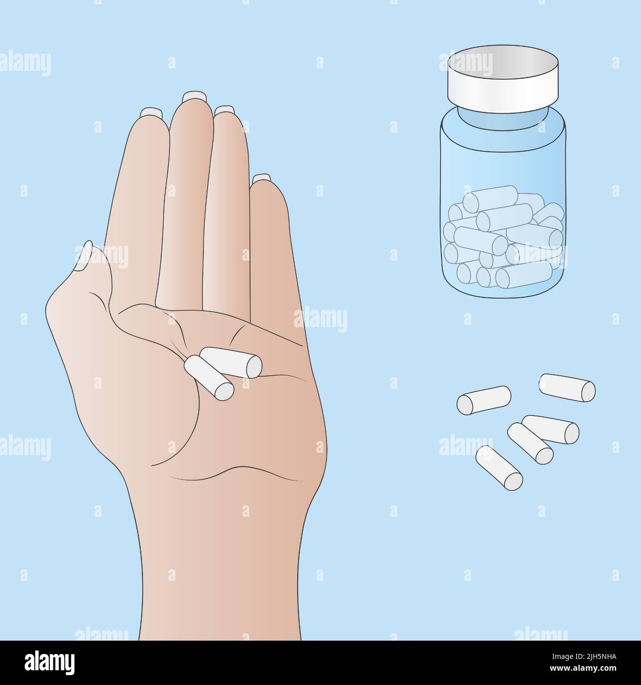 Pilules sur la paume, un tube de médicaments et une diffusion de capsules médicinales dans un style de dessin animé, prenant la médecine Illustration de Vecteur