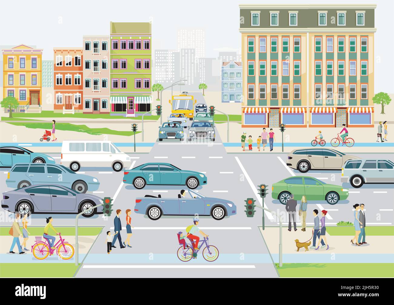 Silhouette de ville avec circulation routière et piétons sur le passage pour piétons, illustration Illustration de Vecteur