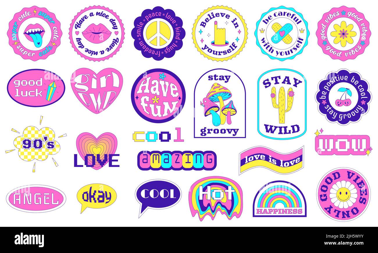 Cool Y2K stickers Pack en formes géométriques. Expressions et mots de motivation, d'inspiration. Tendance mignon Girly patches collection acide bizarre surrea Illustration de Vecteur