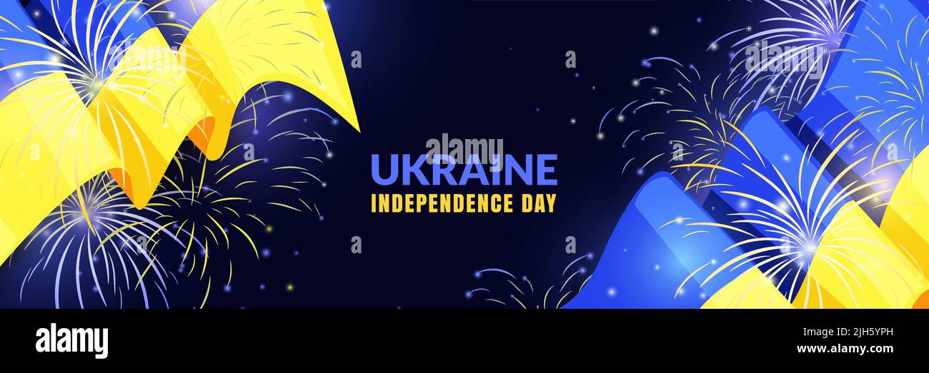 24 août jour de l'indépendance de l'Ukraine. Banderole de vacances horizontale, affiche ou cadre avec salutation, feux d'artifice et drapeau ukrainien jaune bleu sur fond noir Illustration de Vecteur