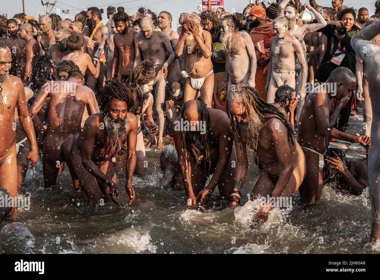 Naga Sadhus (hommes saints indiens) se baignant dans les eaux sacrées du Sangam, le jour le plus propice du festival Kumbh Mela à Allahabad, en Inde. Banque D'Images