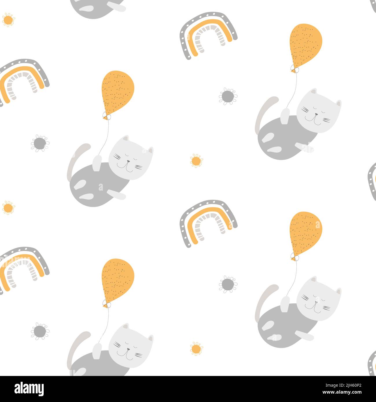 Motif chat rêvant sans couture avec arc-en-ciel et balons. Dessins de chaton de nuit de dessin pour la décoration et le textile pour enfants Illustration de Vecteur